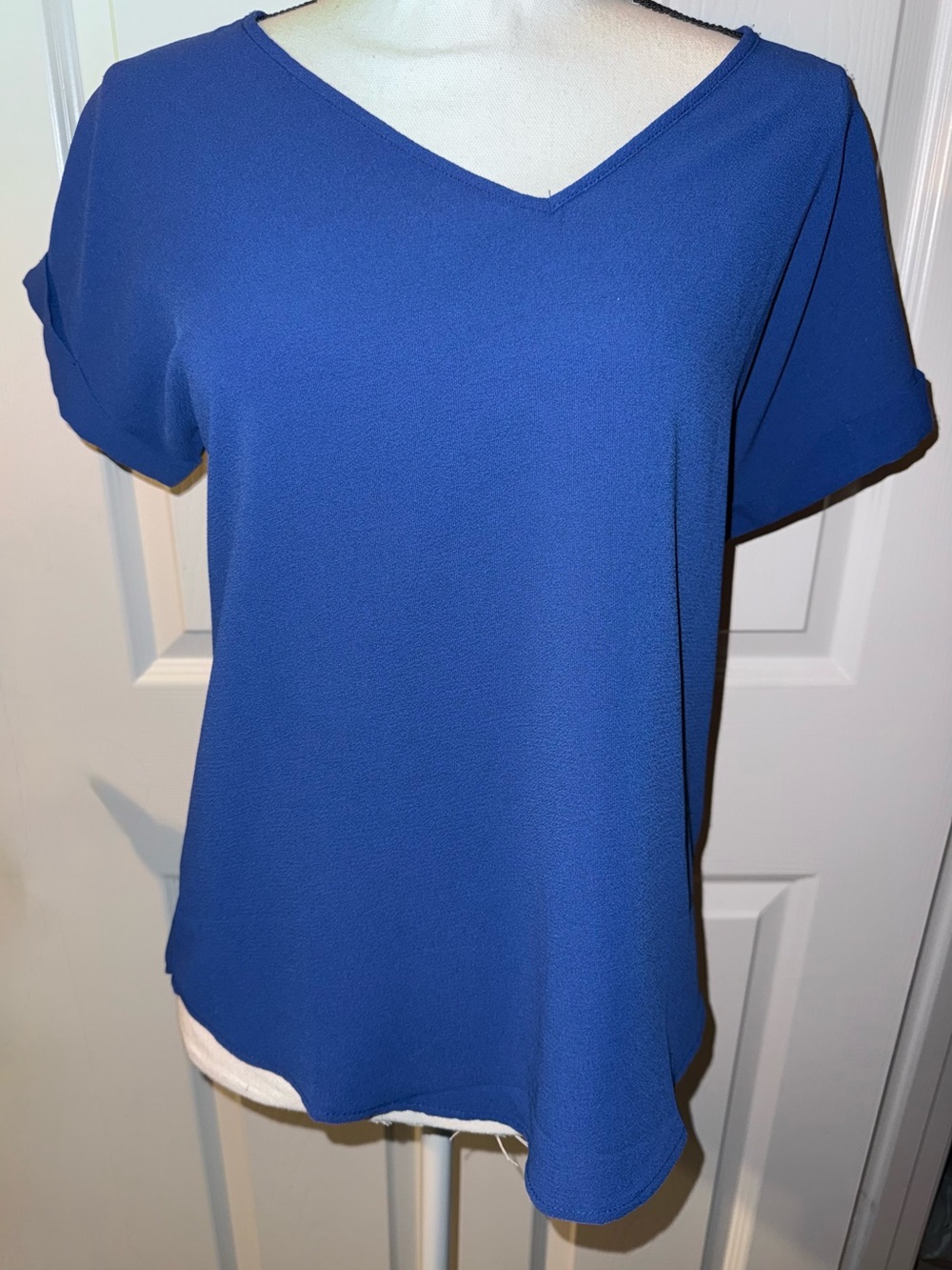 Pink Rose Royal Blue V-Neck Short Sleeve Blouse